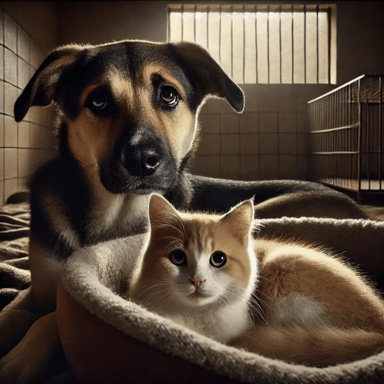 Perro y gato en refugio debido a la catastrofe de la DANA en valencia